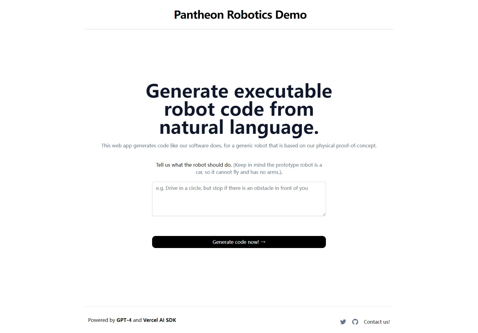 Robot Code Generator: Pantheon Robotics Demo - Generate Robot Code from Natural Language