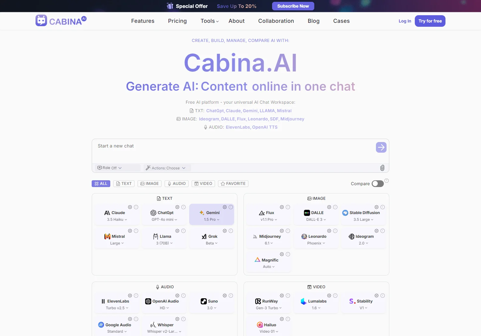 Cabina.AI: Your Universal AI Chat Workspace for Text, Image, and Audio Content Generation