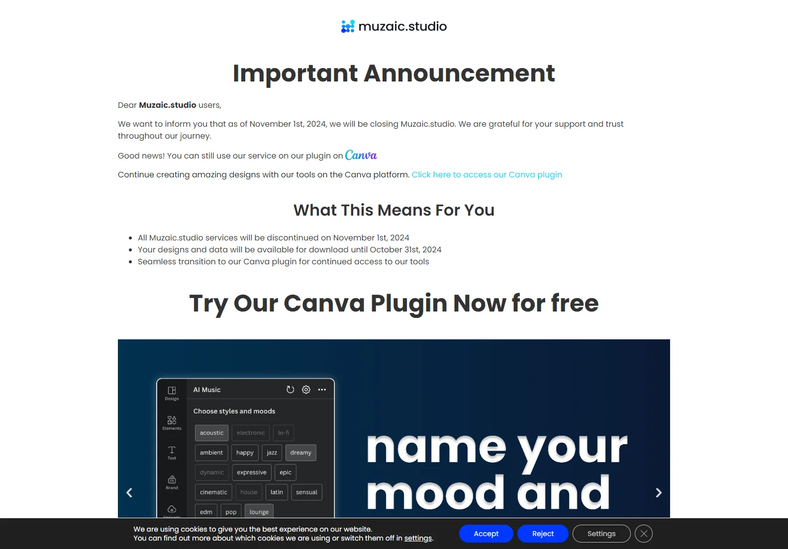 Muzaic.studio Closing Announcement: Seamless Transition to Canva Plugin