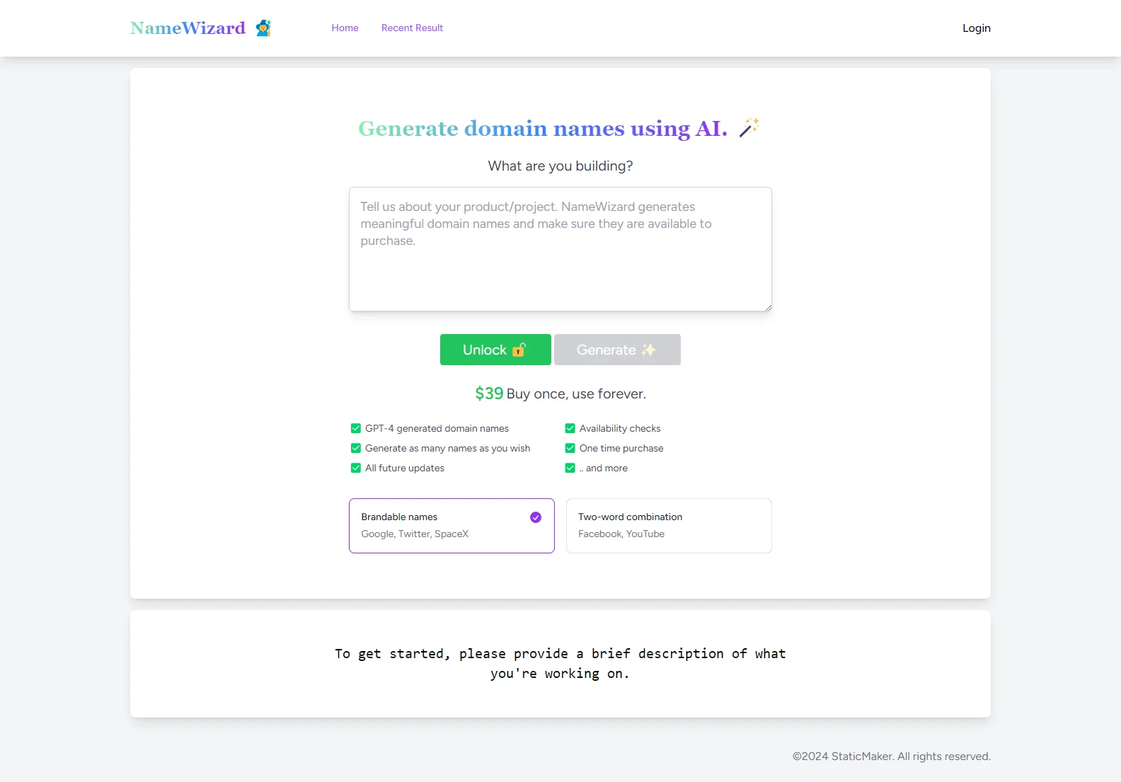 NameWizard: AI-Powered Domain Name Generator for Brandable Names