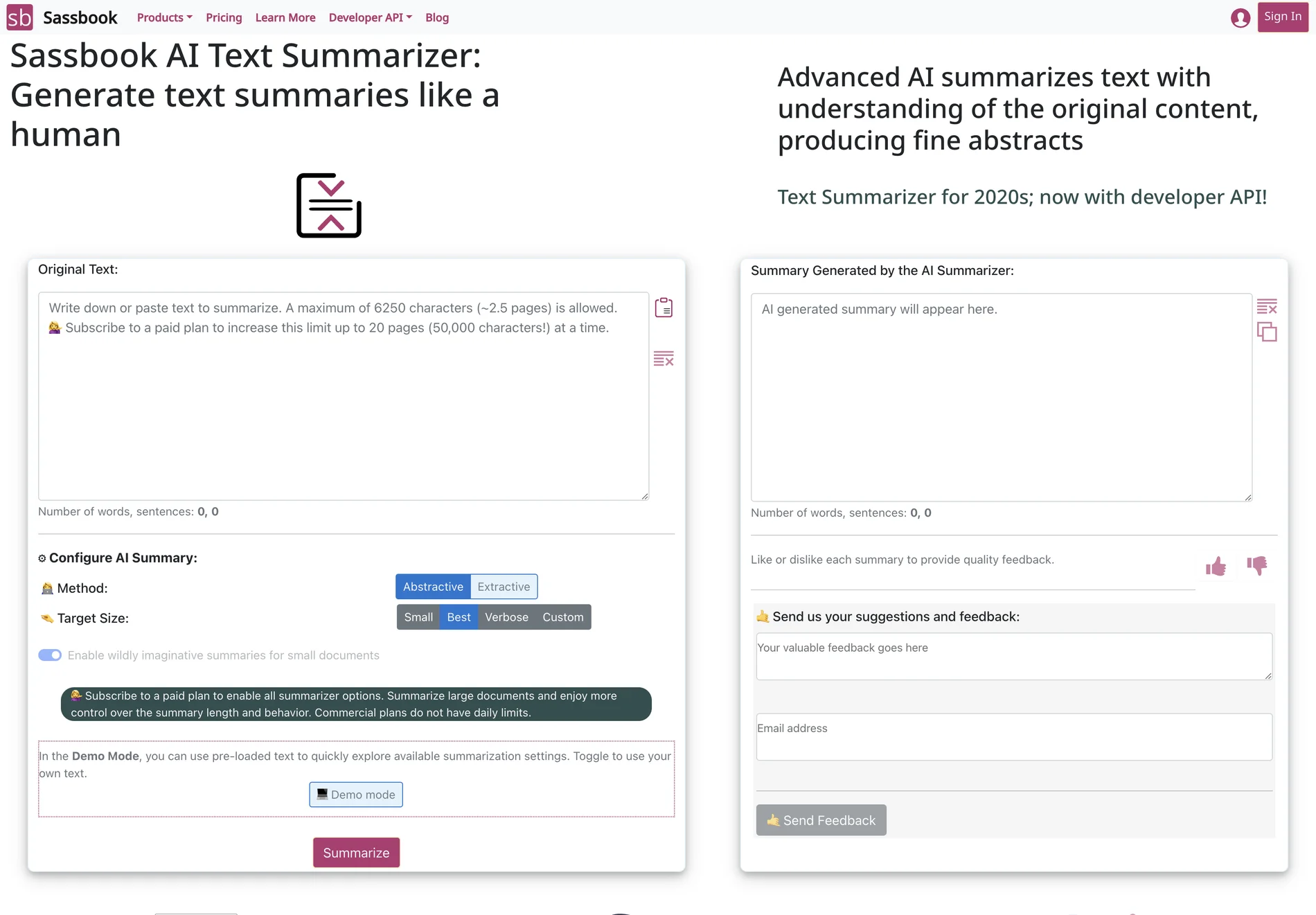 Sassbook AI Text Summarizer: Advanced AI for Human-Like Text Summaries