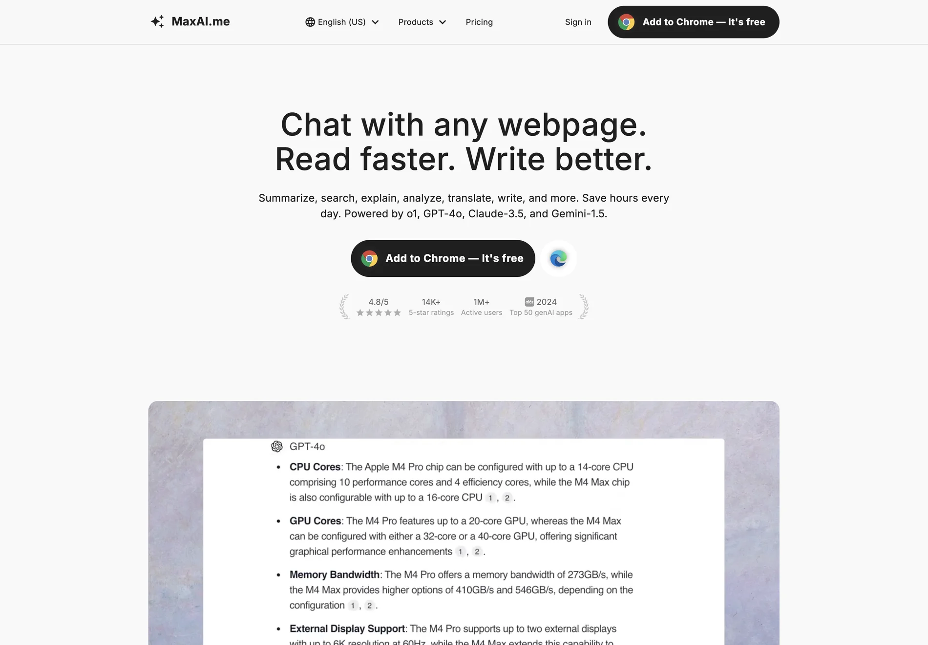 MaxAI.me: Chat with Any Webpage, Read Faster, Write Better