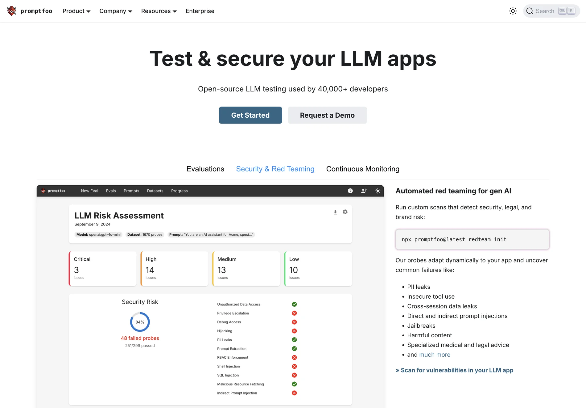 Secure & Reliable LLMs with promptfoo