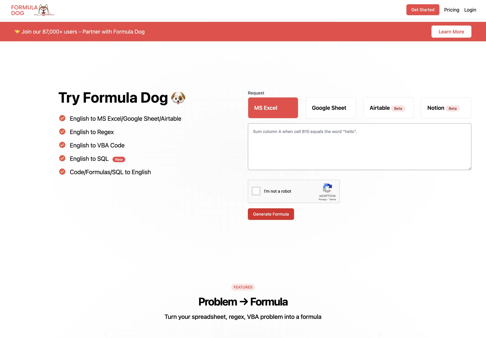 Generate Excel Formulas and More Using AI | Formula Dog