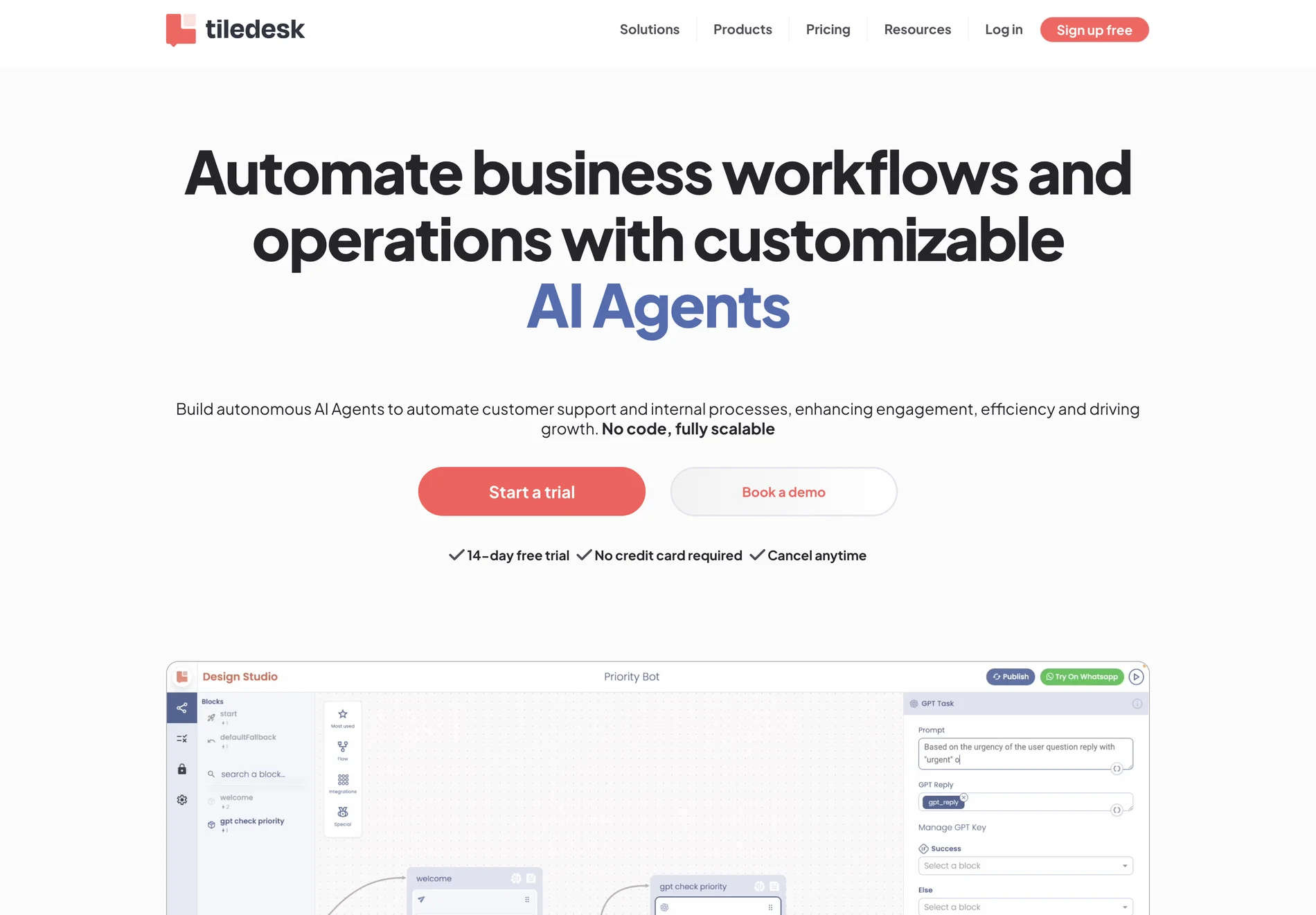 Automate Workflows and Customer Support with AI Agents | Tiledesk